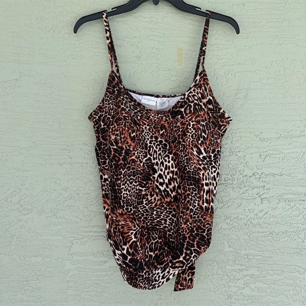 Jaclyn Smith Tankini Swim Top Womens Size 16 Brown Leopard Print Side Tie